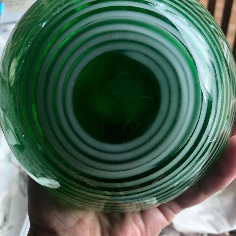 ART Glass/ Green Glass Vase / flat bottom / White swirls all the way around